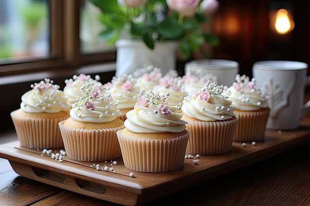 Delicate cupcakes tray in smooth light generative IA