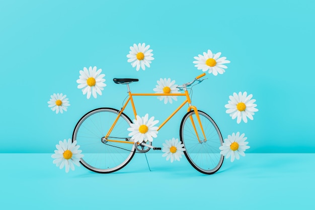 Delicate daisy flowers and modern bike in blue studio