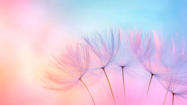 Photo delicate dandelion seeds on a pastel gradient background soft focus nature and tranquility concept