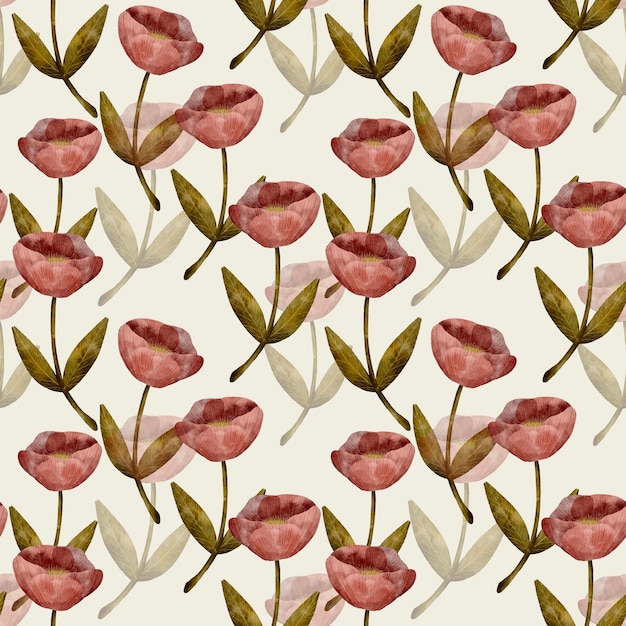 Delicate decorative peonies pink and cream color with green foliage digital art seamless pattern