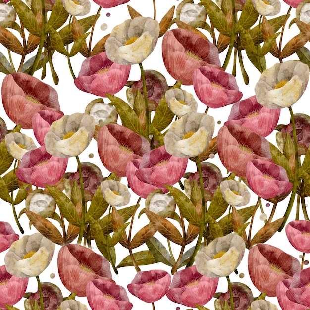 Delicate decorative peonies pink and cream color with green foliage hand drawn seamless pattern