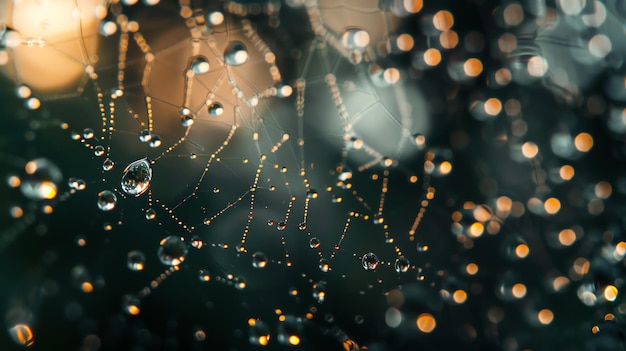 Delicate and detailed closeup of a wet spider web with water droplets reflecting the light