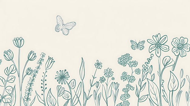 Delicate and detailed line drawing of a variety of wildflowers and butterflies