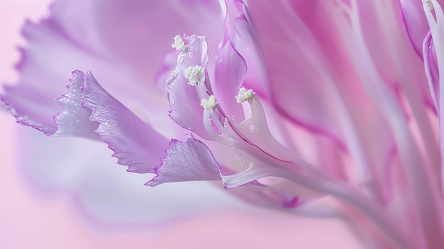 Delicate and detailed macro photography of a flower in full bloom with a soft pastel pink background The petals are soft and look like silk