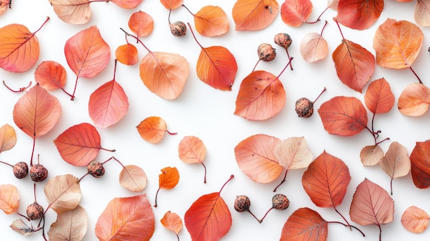 Delicate dusty rose and copper autumn leaves with tiny gourds on a white backdrop Minimalistic