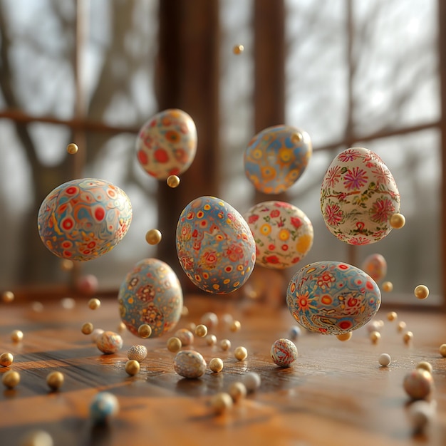 Delicate Easter eggs adorned with vibrant colors and intricate patterns mysteriously hover in midair