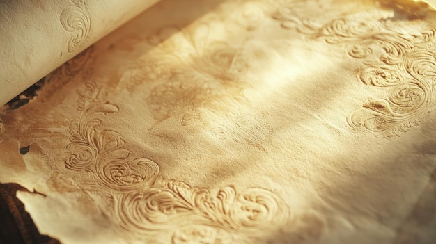 Photo delicate embossed designs cover the surface of an old parchment illuminated by gentle sunlight