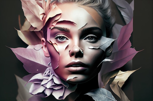 Delicate face collage with pastel and metallic hues