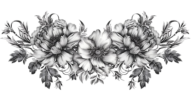 A delicate floral arrangement of peonies and foliage rendered in pencil