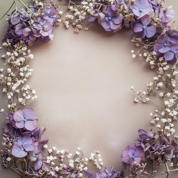 Photo delicate floral frame with purple hydrangeas and white flowers