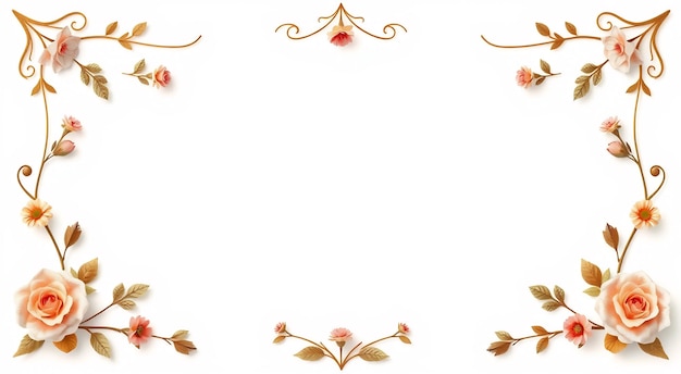 A delicate floral frame with soft pink roses and gold leaves on a white background