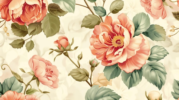 A delicate floral pattern with pink and red roses and green leaves on a cream background