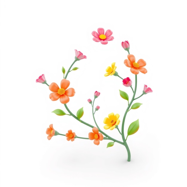 Delicate flower branch with pink orange and yellow blossoms isolated on white background