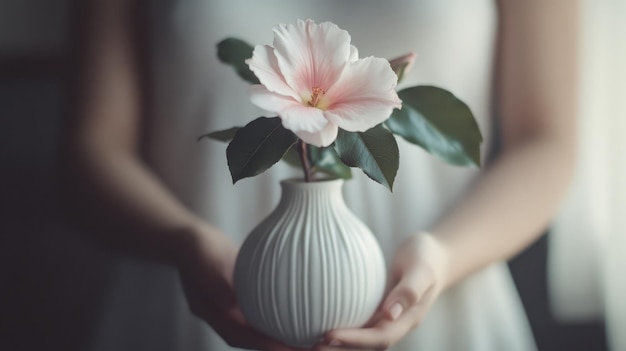 Photo a delicate flower in a white vase held by a person emphasizing beauty and nature