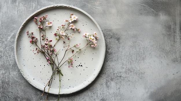 Photo delicate flowers arranged on a minimalist ceramic plate against a textured gray surface