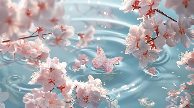 Delicate Flowers and Butterflies on Water