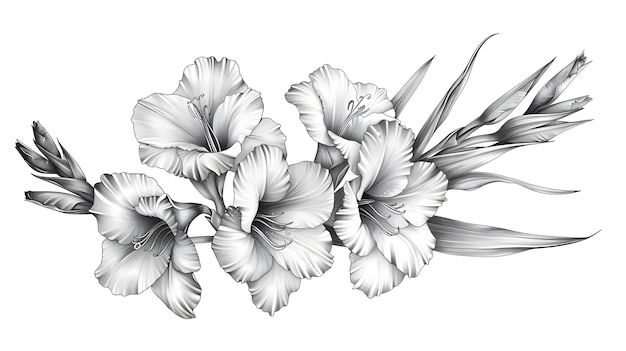 Delicate Gladiolus Flower Graphite Sketch on Isolated Background