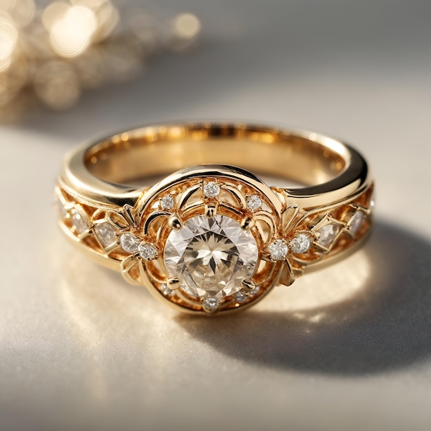 A delicate gold ring intricately crafted with a diamond in the center glimmering in the light