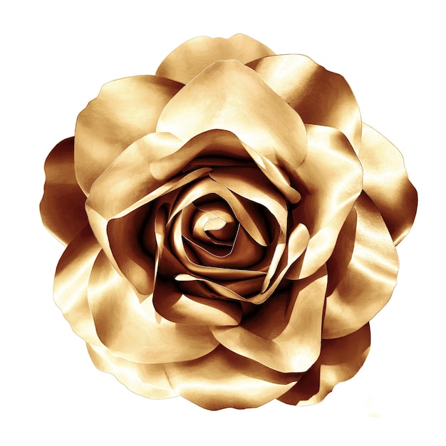 Delicate Gold rose made of paper isolated on white background. Decorative rose for Happy New Year, Christmas, invitation, wedding cards, valentines day, greeting cards.