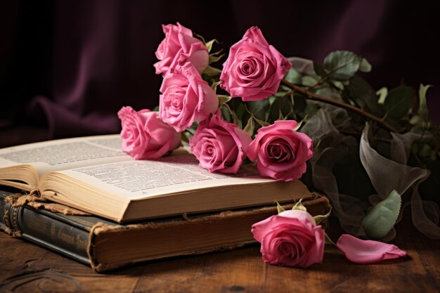 The Delicate Harmony of Pink Rose Flowers and Books AR 32