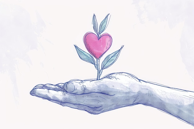 Photo delicate heart sprouting from hand illustrating the growth of love and care in a soft watercolor st