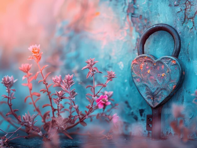 Photo a delicate heartshaped lock and key amidst a dreamy romantic setting symbolizing limerence with soft pastel colors and gentle lighting