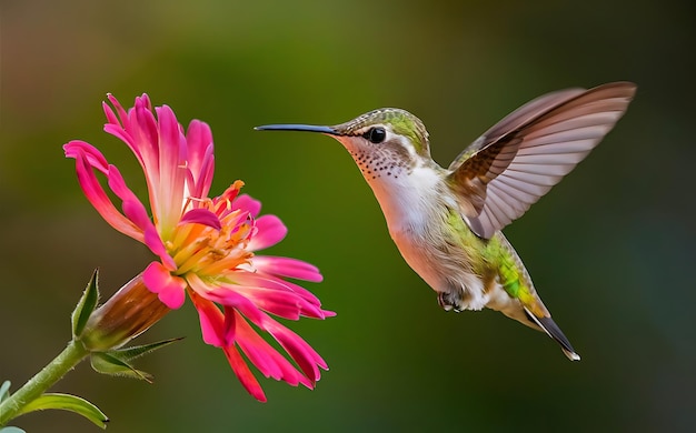 A delicate hummingbird midflight hovering near a brilliantly colored flower