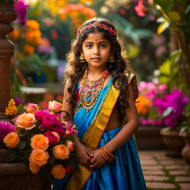 Delicate Indian Girl Blue Floral Ensemble Generated by AI