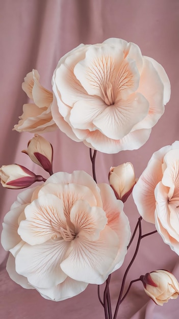 delicate large soft flowers creamy white peach undertones intricate veining ethereal quality realism