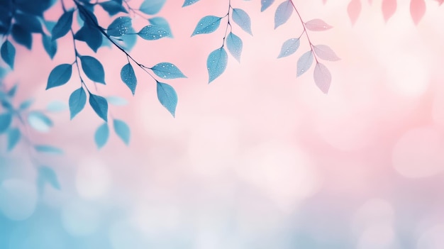 Photo delicate leaves frame a soft blurry background of pastel colors creating a serene and dreamy atmosphere perfect for nature themes