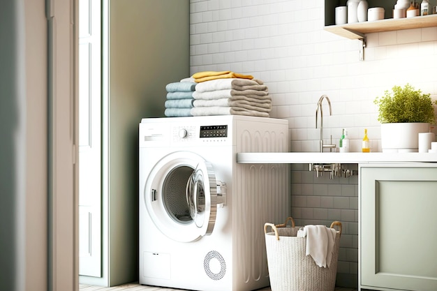 Delicate light Scandinavian bathroom interior with white automatic machine washing