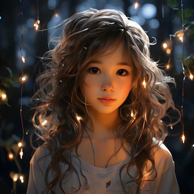 A delicate little cute anime girl with fairy lights in the background