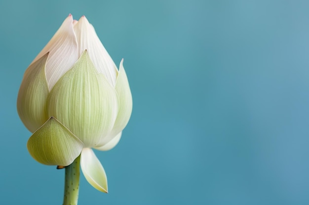 A delicate lotus flower symbolizes purity and enlightenment on a serene blue background