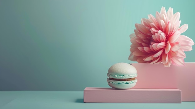 Photo a delicate macaron adorned with a pink flower elegantly presented on a soft pastel background for visual appeal