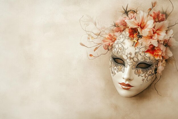 Photo a delicate mask adorned with flowers showcasing artistry and elegance in a soft dreamy background