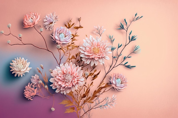 Delicate multicolored flowers on pastel pink background created with generative ai