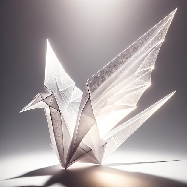 A delicate origami bird crafted from translucent paper illuminated from behind to enhance its ethereal quality set against a white background