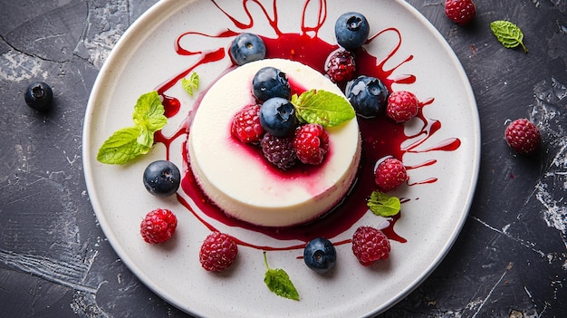 Delicate panna cotta dessert adorned with fresh berries and raspberry sauce on minimalist