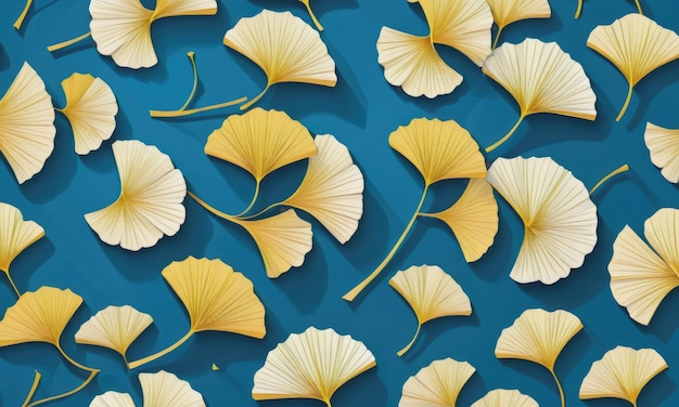 Delicate paper ginkgo leaves on a blue background with minimalist elements tiled