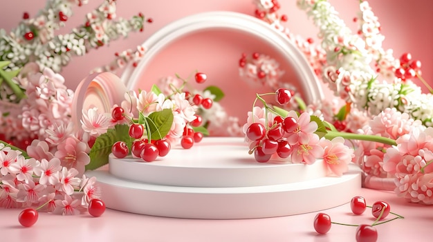 A delicate pastel architectural podium decorated with a cluster of red cherries on each side