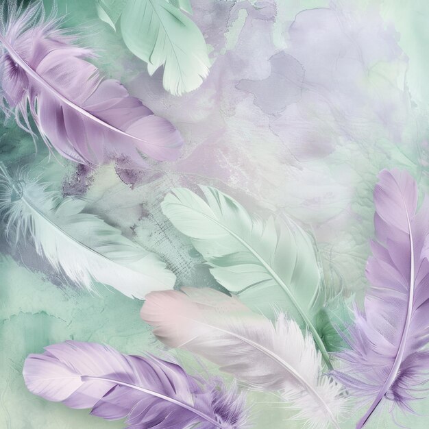 Photo delicate pastel feathers on a soft green and purple watercolor background