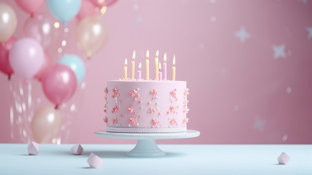 A delicate pastel pink birthday cake adorned with candles and surrounded by a flurry of colorful balloons in a celebratory setting