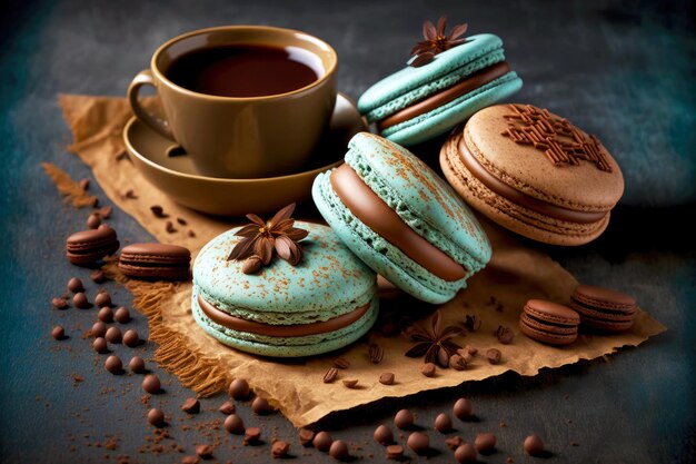 Delicate pastries in form of crispy delicate macaron with cocoa and coffee