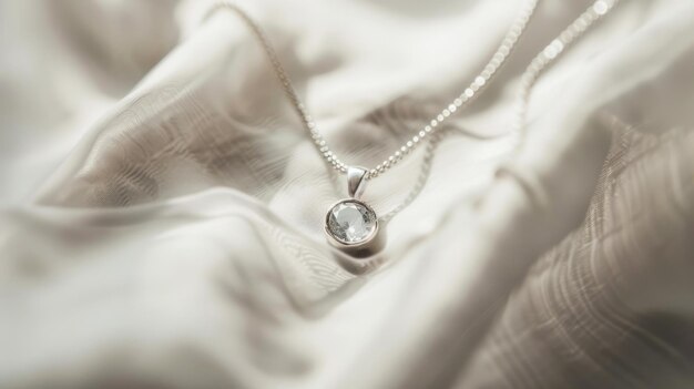 A delicate pendant necklace with a crystal gem resting gracefully on a soft silky fabric backdrop exuding elegance and simplicity