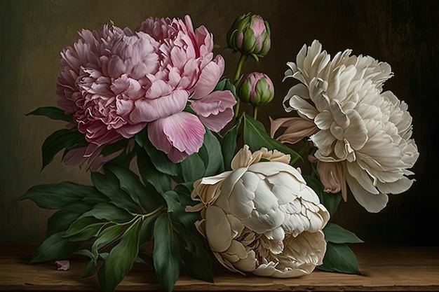 Delicate peony bouquet Luxurious flowers on dark background AI