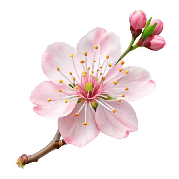 Delicate Pink Almond Blossom with Buds on White Background