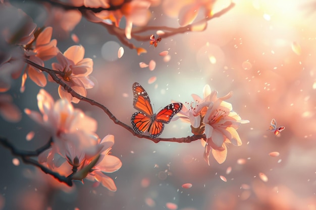 Delicate pink blossom almond and flying butterfly on spring morning Spring abstract background