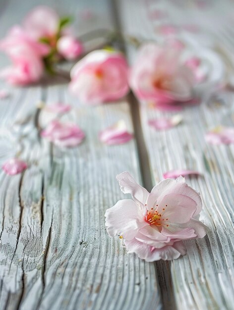 Photo delicate pink blossoms on weathered wooden surface spring floral background