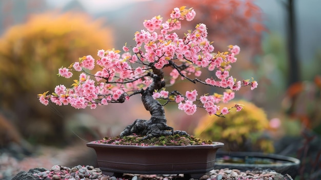 A delicate pink bonsai tree in full bloom sits in a brown pot on a bed of gravel