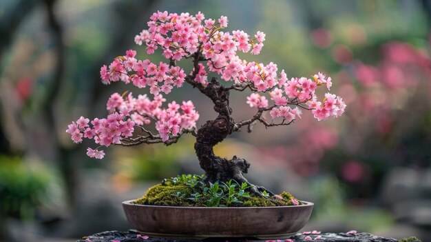 A delicate pink bonsai tree in a pot with a blurred background